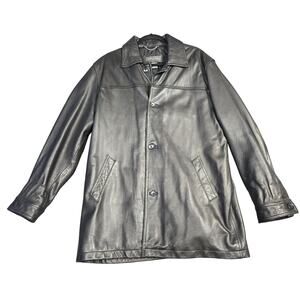 Banana Republic Coat Mens Medium Black Leather Overcoat Button Lined Winter